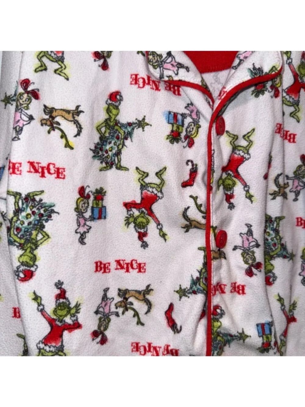 Dr. Seuss The Grinch Kids Holiday Pajama Top Size L (10/12) White Red Be Nice